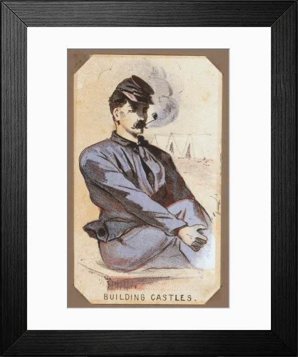 Framed Print : The Civil War, Life in Camp, Building Castles, souvenir card showing the daily life of Union soldiers on the front, in the camp and on furlough, chromolithograph by Winslow Homer