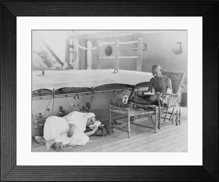 Framed Print : Mahatma Gandhi (1869-1948), leader of the Indian independence movement, on the S.S. Rajputna, enroute to the Round Table Conference in London Framed Print : Mahatma Gandhi (1869-1948), leader of the Indian independence movement, on the S.S. Rajputna, enroute to the Round Table Conference in London