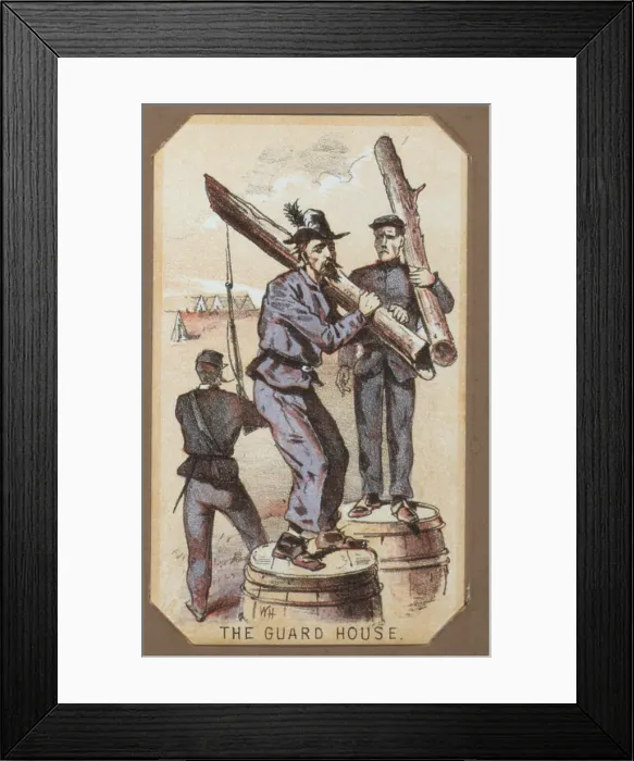 Framed Print : The Civil War, Life in Camp, The Guard House, souvenir card showing the daily life of Union soldiers on the front, in the camp and on furlough, chromolithograph by Winslow Homer Framed Print : The Civil War, Life in Camp, The Guard House, souvenir card showing the daily life of Union soldiers on the front, in the camp and on furlough, chromolithograph by Winslow Homer