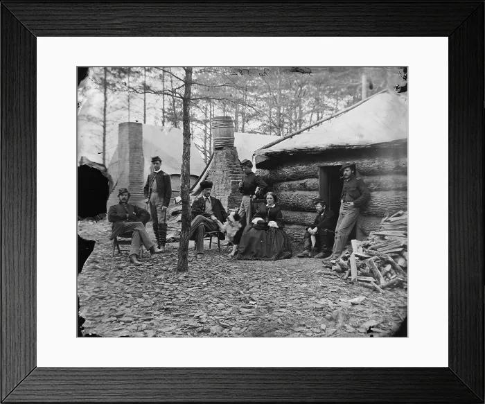 Framed Print : The Civil War, officers and a lady at headquarters of 1st Brigade, Horse Artillery, Brandy Station, Virginia, photograph, February, 1864 Framed Print : The Civil War, officers and a lady at headquarters of 1st Brigade, Horse Artillery, Brandy Station, Virginia, photograph, February, 1864