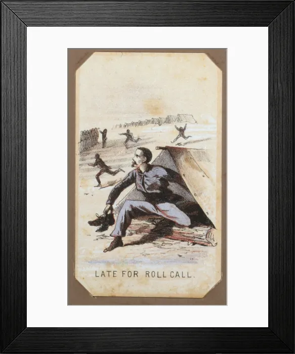 Framed Print : The Civil War, Life in Camp, Late For Roll Call, souvenir card showing the daily life of Union soldiers on the front, in the camp and on furlough, chromolithograph Winslow Homer Framed Print : The Civil War, Life in Camp, Late For Roll Call, souvenir card showing the daily life of Union soldiers on the front, in the camp and on furlough, chromolithograph Winslow Homer