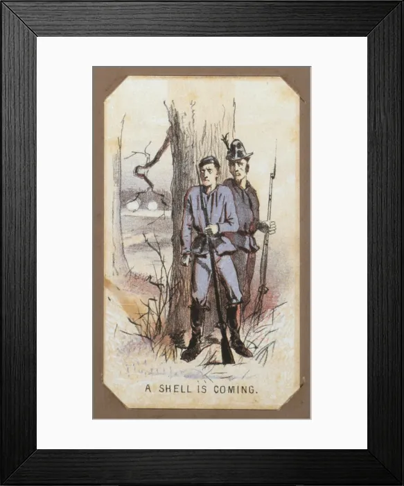 Framed Print : The Civil War, Life in Camp, A Shell is Coming, souvenir card showing the daily life of Union soldiers on the front, in the camp and on furlough Framed Print : The Civil War, Life in Camp, A Shell is Coming, souvenir card showing the daily life of Union soldiers on the front, in the camp and on furlough