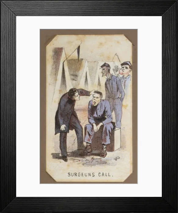 Framed Print : The Civil War, Life in Camp, Surgeon's Call, souvenir card showing the daily life of Union soldiers on the front, in the camp and on furlough