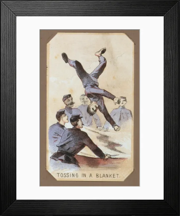 Framed Print : The Civil War, Life in Camp, Tossing on a Blanket, souvenir card showing the daily life of Union soldiers on the front, in the camp and on furlough Framed Print : The Civil War, Life in Camp, Tossing on a Blanket, souvenir card showing the daily life of Union soldiers on the front, in the camp and on furlough