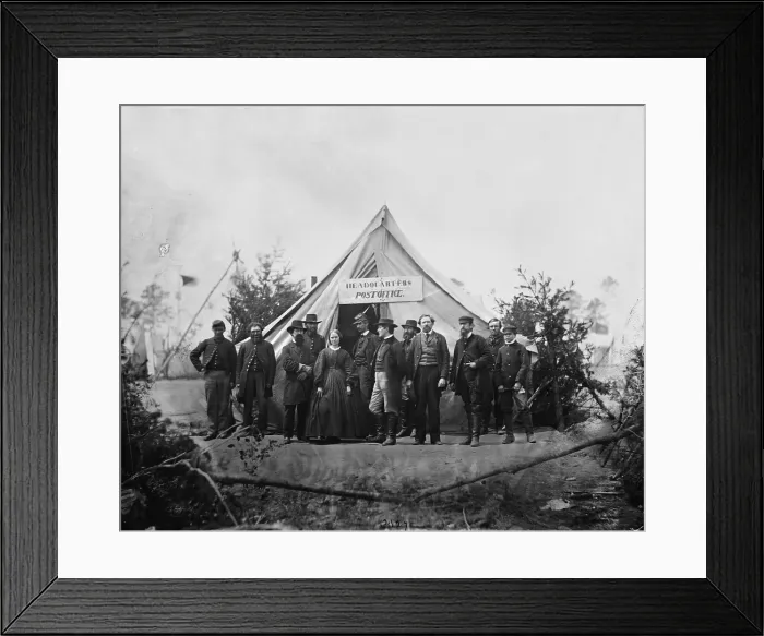 Framed Print : The Civil War, group in front of post office tent at Army of the Potomac headquarters, Falmouth, Virginia, photograph by Timothy H. O'Sullivan, April, 1863
