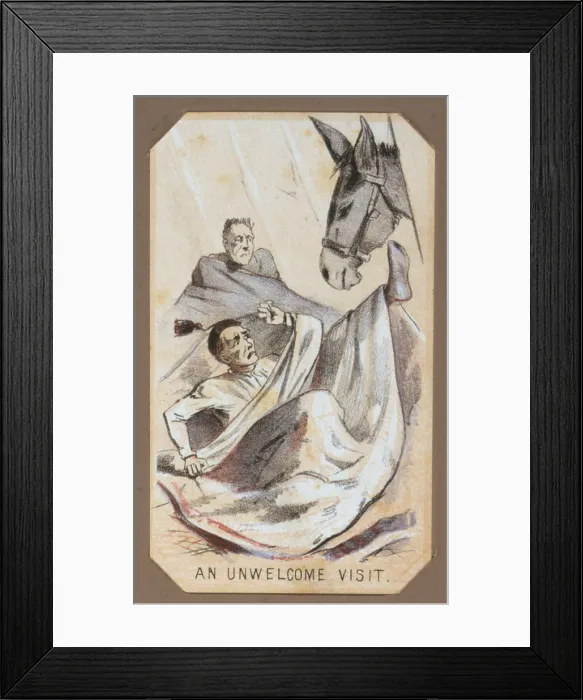 Framed Print : The Civil War, Life in Camp, An Unwelcome Visit, souvenir card showing the daily life of Union soldiers on the front, in the camp and on furlough