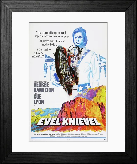 Framed Print : EVEL KNIEVEL, US poster art, George Hamilton, 1971 Framed Print : EVEL KNIEVEL, US poster art, George Hamilton, 1971
