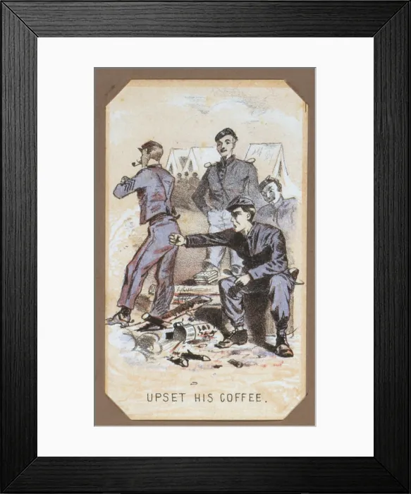 Framed Print : The Civil War, Life in Camp, Upset His Coffee, souvenir card showing the daily life of Union soldiers on the front, in the camp and on furlough, chromolithograph by Winslow Homer Framed Print : The Civil War, Life in Camp, Upset His Coffee, souvenir card showing the daily life of Union soldiers on the front, in the camp and on furlough, chromolithograph by Winslow Homer