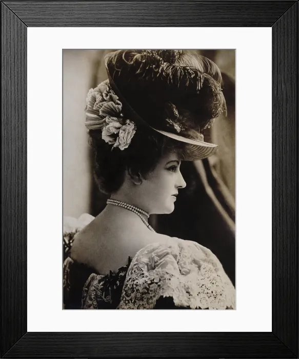 Framed Print : Actress Lillian Russell wears an elaborate ostrich feather hat, pearls, and lace, c. 1890s Framed Print : Actress Lillian Russell wears an elaborate ostrich feather hat, pearls, and lace, c. 1890s
