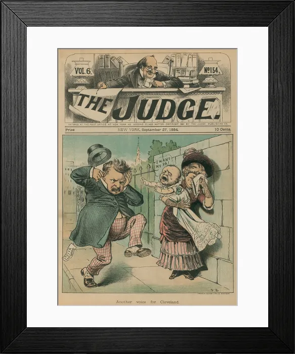 Framed Print : Cartoon of a baby crying out I want my pa as Grover Cleveland passes