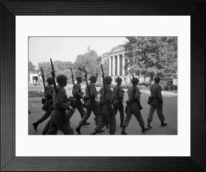 Framed Print : Troops at the University of Alabama. Federalized National Guard kept peace while African Americans, Vivian Malone and James Hood, registered for classes. June 11, 1963 Framed Print : Troops at the University of Alabama. Federalized National Guard kept peace while African Americans, Vivian Malone and James Hood, registered for classes. June 11, 1963