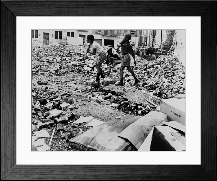 Framed Print : African American boys playing in vacant lot. They make a debris strewn lot their playgound on Manhattan's West 91st Street. 1962 Framed Print : African American boys playing in vacant lot. They make a debris strewn lot their playgound on Manhattan's West 91st Street. 1962