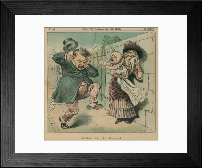 Framed Print : Cartoon of a baby crying out I want my pa as Grover Cleveland passes