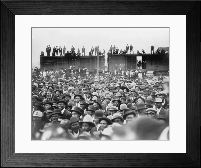 Framed Print : Listening to Booker T. Washington. An African American audience, some standing on railroad box cars, in New Orleans, Louisiana. 1912 Framed Print : Listening to Booker T. Washington. An African American audience, some standing on railroad box cars, in New Orleans, Louisiana. 1912