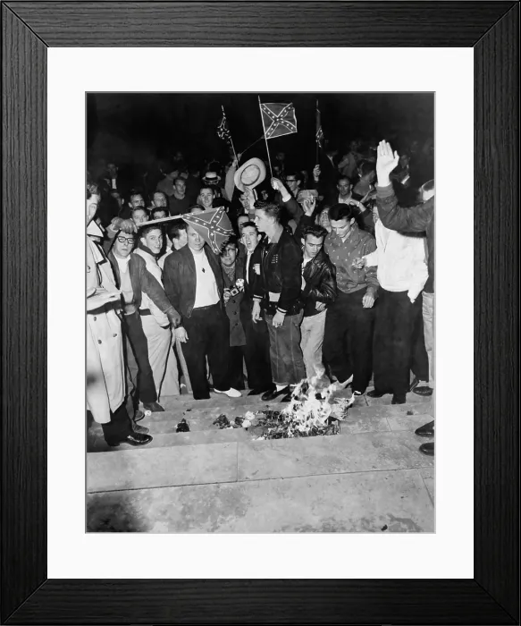 Framed Print : Segregationist protest. White students burn integration literature to protest the enrollment of an African American, Autherine Lucy, to the University of Alabama. June 2, 1956 Framed Print : Segregationist protest. White students burn integration literature to protest the enrollment of an African American, Autherine Lucy, to the University of Alabama. June 2, 1956