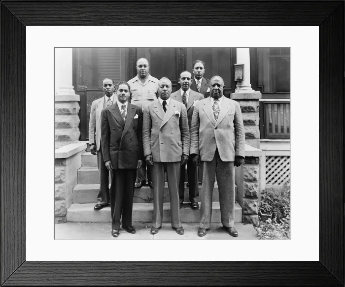 Framed Print : Brotherhood of Sleeping Car Porters group. President Asa Philip Randolph is in the center and Vice President Milton P. Webster is on his left. 1930s