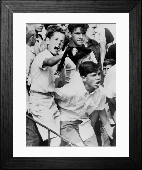Framed Print : White boys protest housing integration. The African American Baker family moved into the all white Delmar Village neighborhood of Folcroft, Pennsylvania, on Aug 30. 1963