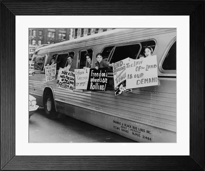 Framed Print : Supporting the Freedom Riders. Members of the Washington Freedom Riders Committee, hang signs from bus windows to protest segregation. New York City, May 30. 1961 Framed Print : Supporting the Freedom Riders. Members of the Washington Freedom Riders Committee, hang signs from bus windows to protest segregation. New York City, May 30. 1961