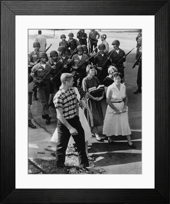 Framed Print : Armed National Guardsmen disperse a group of White students as they staged a walkout from Central High School in Little Rock, Arkansas, to protest integration. Sept. 1957