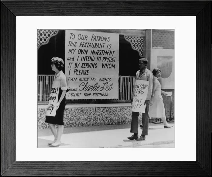 Framed Print : People picketing outside an Atlanta restaurant which displays a segregationist sign. 1963 Framed Print : People picketing outside an Atlanta restaurant which displays a segregationist sign. 1963