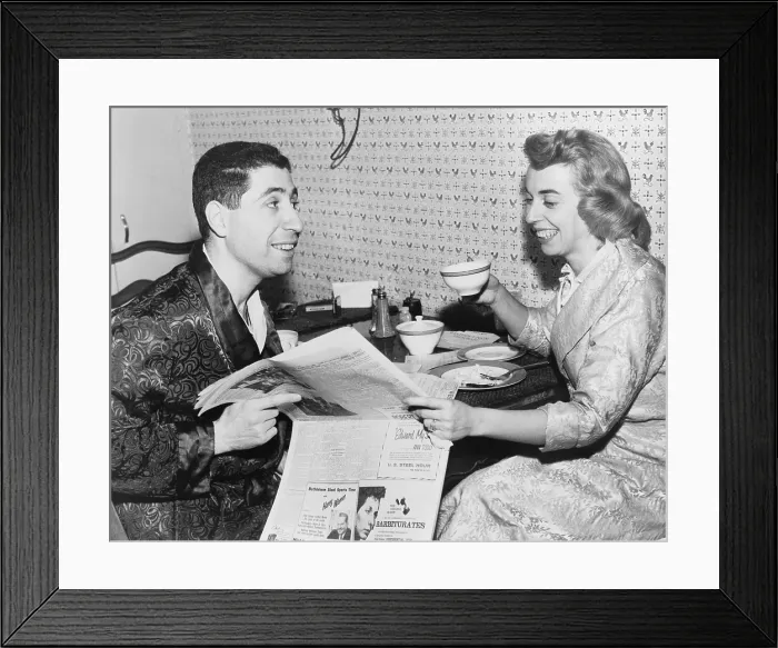 Framed Print : Dr. Joyce Brothers (b. 1925) having breakfast and reading newspaper with her husband Milton. Dr