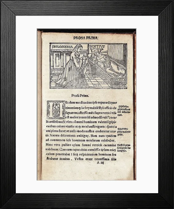 Framed Print : BOETHIUS, Anicius Manlius Severinus (480-524). Illustrated page from 'De Consolatione Philosophiae' treaty by Boethius. Representation of Boethius and the Philosophy