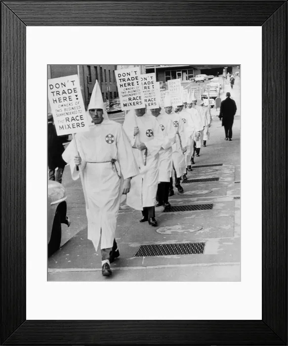 Framed Print : Ku Klux Klansmen picket newly desegregated hotel in Albany, Georgia. KKK was a militant minority intimidated moderates to resist racial integration of public facilities. Jan Framed Print : Ku Klux Klansmen picket newly desegregated hotel in Albany, Georgia. KKK was a militant minority intimidated moderates to resist racial integration of public facilities. Jan