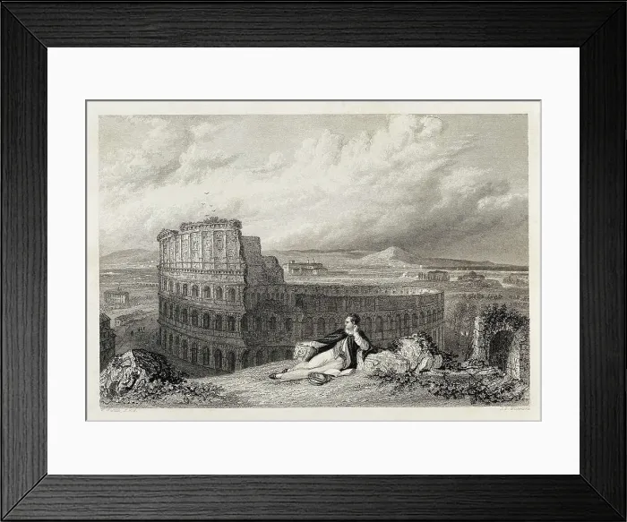 Framed Print : Byron, George Gordon Byron, 6th Baron, called 'Lord Byron' (1788-1824). Lord Byron in front of the Coliseum in Rome. Illustration by W. Westall. Engraving. SPAIN