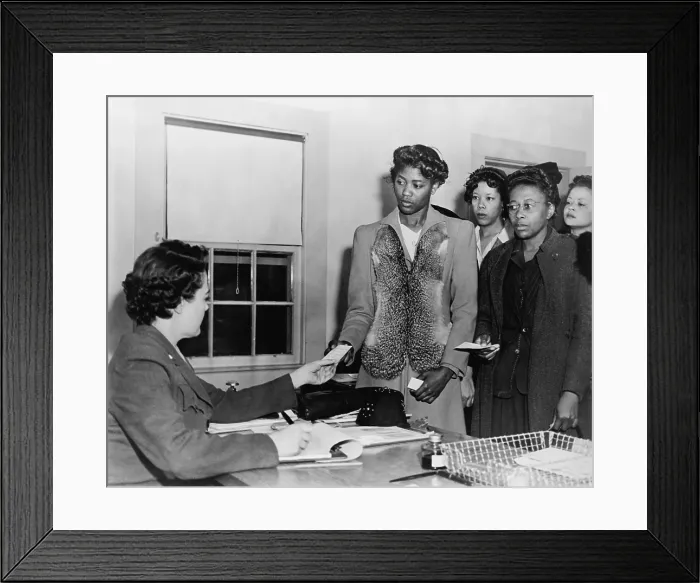 Framed Print : African American women presenting papers to a WAC, as they register for basic training in the Women's Army Corp during World War II. Ca. 1943-45