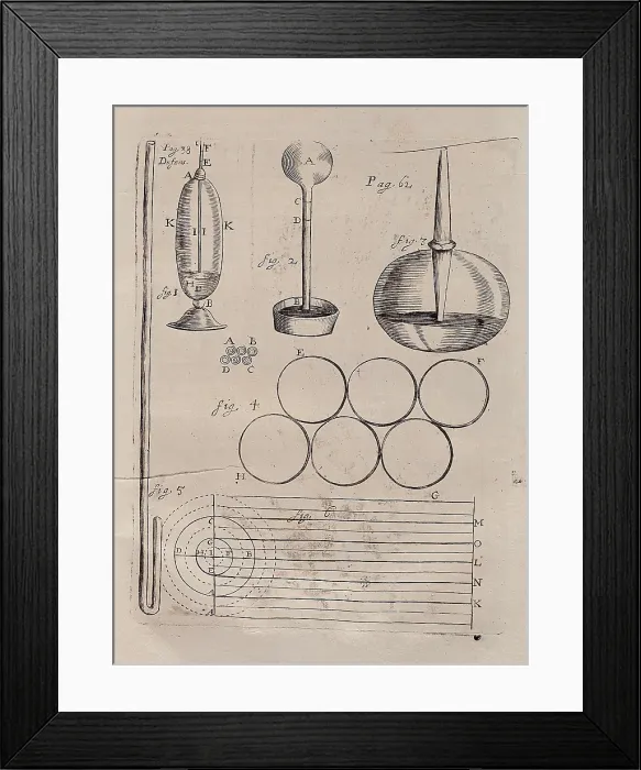 Framed Print : BOYLE, Robert (1627-1691). Illustrated page with laboratory material from 'Defensio doctrinae de elatere et gravitate aeris', Robert Boyle's work