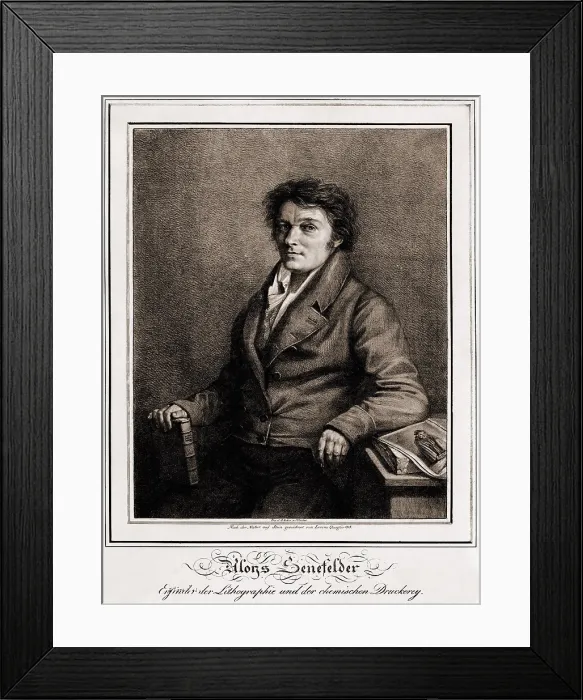Framed Print : Aloys Senefelder (1771-1834), in lithographic portrait from his book, A COMPLETE COURSE OF LITHOGRAPHY, 1818 Framed Print : Aloys Senefelder (1771-1834), in lithographic portrait from his book, A COMPLETE COURSE OF LITHOGRAPHY, 1818