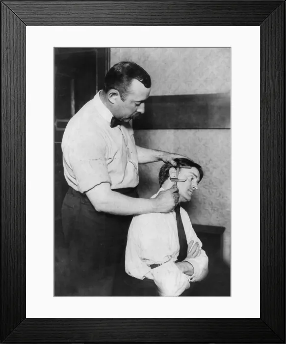 Framed Print : New York City, police department activities, taking bertillon measurements of the ear, photograph, 1908 Framed Print : New York City, police department activities, taking bertillon measurements of the ear, photograph, 1908