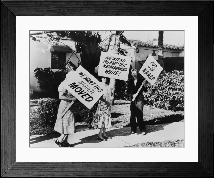 Framed Print : African American singer Frank Legree's home was picketed. Three White people carrying signs with racist slogans in front his house in Miami, Florida. 1957 Framed Print : African American singer Frank Legree's home was picketed. Three White people carrying signs with racist slogans in front his house in Miami, Florida. 1957