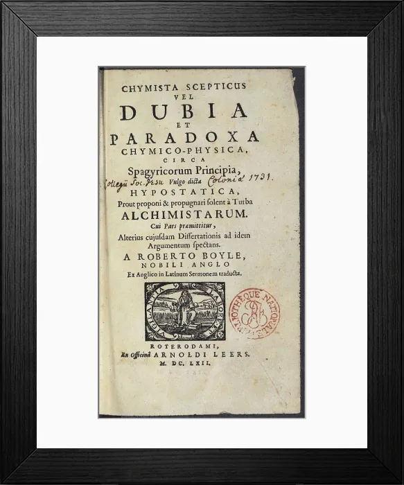 Framed Print : BOYLE, Robert (1627-1691). Frontispiece from Robert Boyle's work 'Dubia et Paradoxa'. Edition published in Rotterdam in 1662. FRANCE. Paris. National Library
