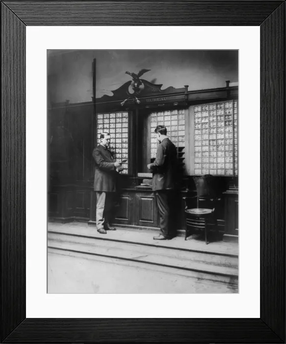 Framed Print : New York City, police department activities, rogues gallery, men looking at mugshot photographs, photograph, 1908