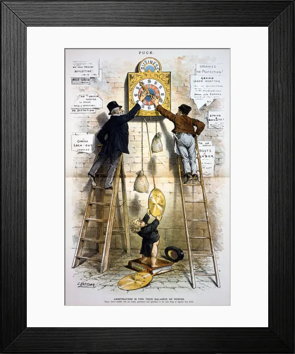 Framed Print : Labor movement. Editorial cartoon illustratin the struggle between organized labor and big businees over the 8-hour workday. Color lithograph, March 17, 1886