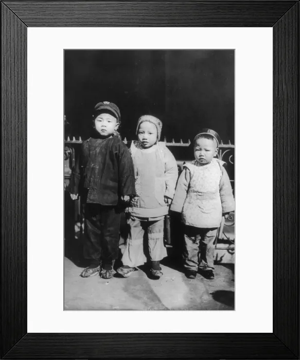 Framed Print : Chinese New Year, Three children posed, New Year's Day, Chinatown, New York City, photograph, 1909