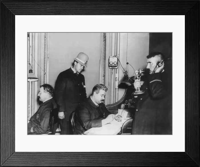 Framed Print : New York City, police department activities, Information Bureau at head-quarters, four men at work, photograph, 1908