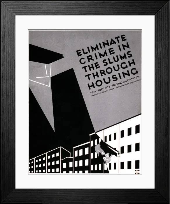 Framed Print : New York, Poster promoting planned housing as a method to deter crime in the slums, showing stylized man holding a gun against a backdrop of tenement buildings