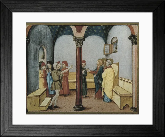 Framed Print : DE PREDISCristoforo (1440-1486). Stories of Saint JoachimSaint AnneVirgin MaryJesusthe Baptist and the End of the World. 1476. Jesus cures the hand of a man in Saturday