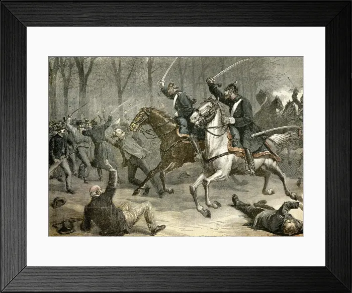 Framed Print : Germany (1892). Second Reich. Charge of the cavalry against demonstrators opposite to William II. Engraving. AISA / Everett Collection (10267)**US SALES ONLY** Framed Print : Germany (1892). Second Reich. Charge of the cavalry against demonstrators opposite to William II. Engraving. AISA / Everett Collection (10267)**US SALES ONLY**