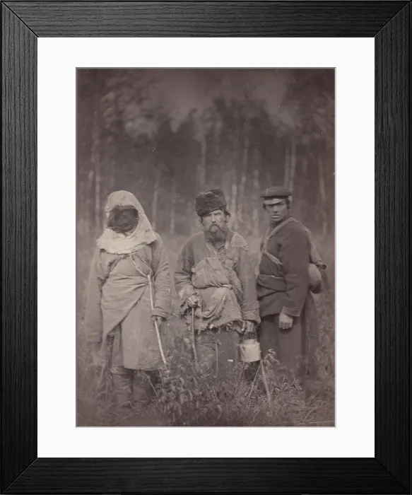 Framed Print : Siberia, Three escaped convicts standing in field, original title: Runaway Siberian convicts, photograph, 1885-1886