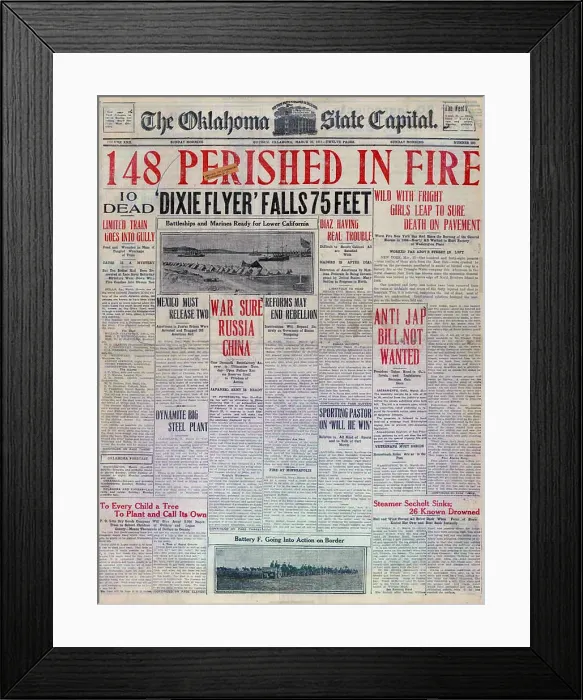 Framed Print : Triangle Shirtwaist fire. 148 Perished in Fire, headline detailing the death toll of the Triangle Shirtwaist fire, Oklahoma State Capital newspaper. March 26, 1911