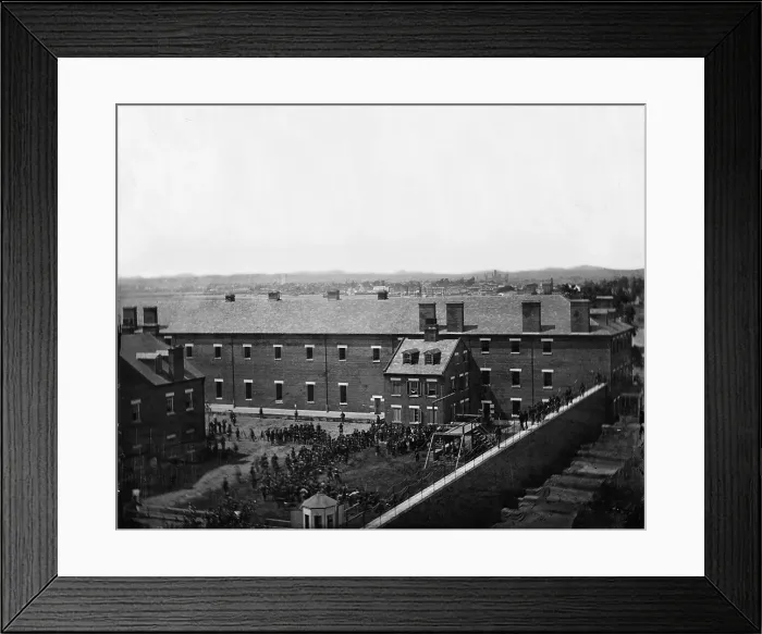 Framed Print : The assassination of President Abraham Lincoln, execution of the conspirators, scaffold in use and crowd in the yard, seen from the roof of the Arsenal, Washington DC