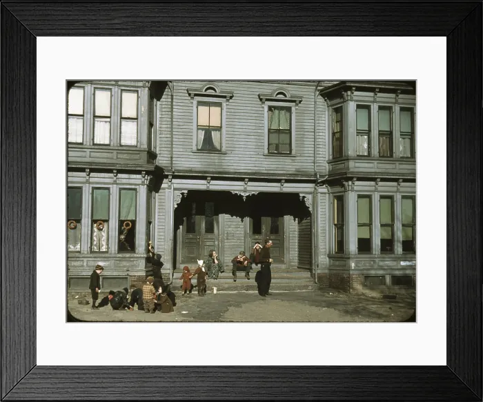 Framed Print : Children with adult in the tenement district, Brockton, Massachusetts, photograph by Jack Delano, December, 1944