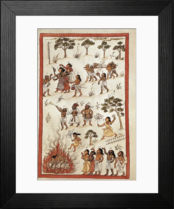 Framed Print : Book of the Moghul. Ms. 8300. 17th c. Hindu funeral. Funeral ceremony of a husband's death, in which the wife throws herself to a fire. Hindu art. Miniature Painting. ITALY