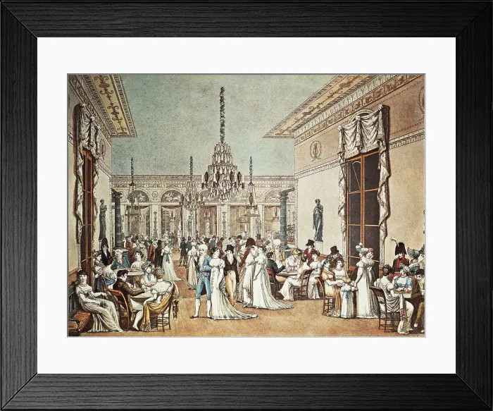 Framed Print : Cafe Frascati in Paris, 1807. Engraving by Philibert-Louis Debucourt. A cafe and games room, it became famous for having ice-cream early in 1789. Engraving