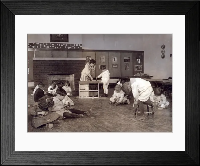 Framed Print : Kindergarten children in Horace Mann School working on doll houses. Tulsa, Oklahoma, Lewis Hine photograph, 1917