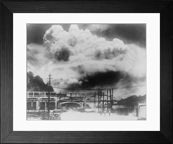 Framed Print : Japanese photo of the mushroom cloud of the atomic bomb blast in Nagasaki, Japan, Aug. 9, 1945