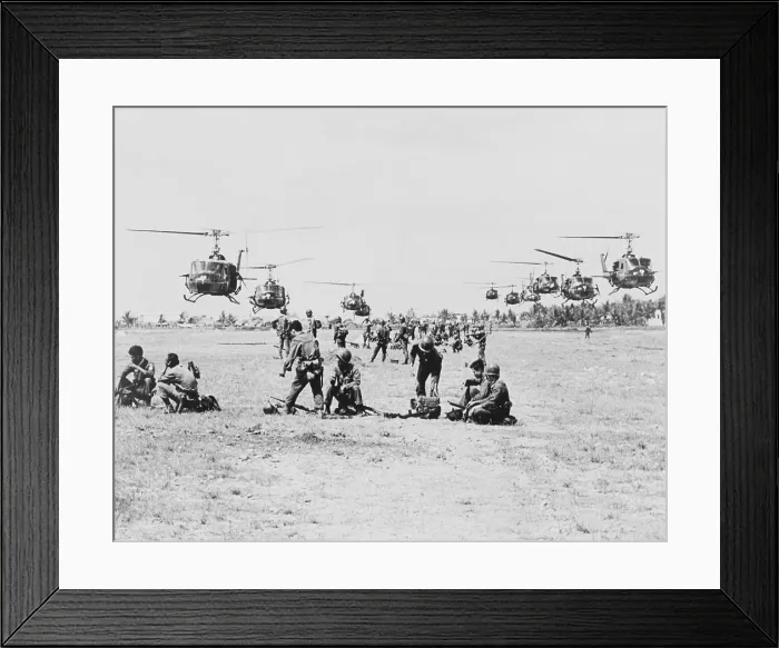 Framed Print : United States helicopters air lift Vietnamese government Rangers into battle against communist Viet Cong guerrillas, Saigon. 1965